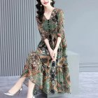 Fashion V-neck Short Sleeves Dress For Women Retro Printing Mid-length Dress Fashion Button-decorated A-line Skirt As shown L