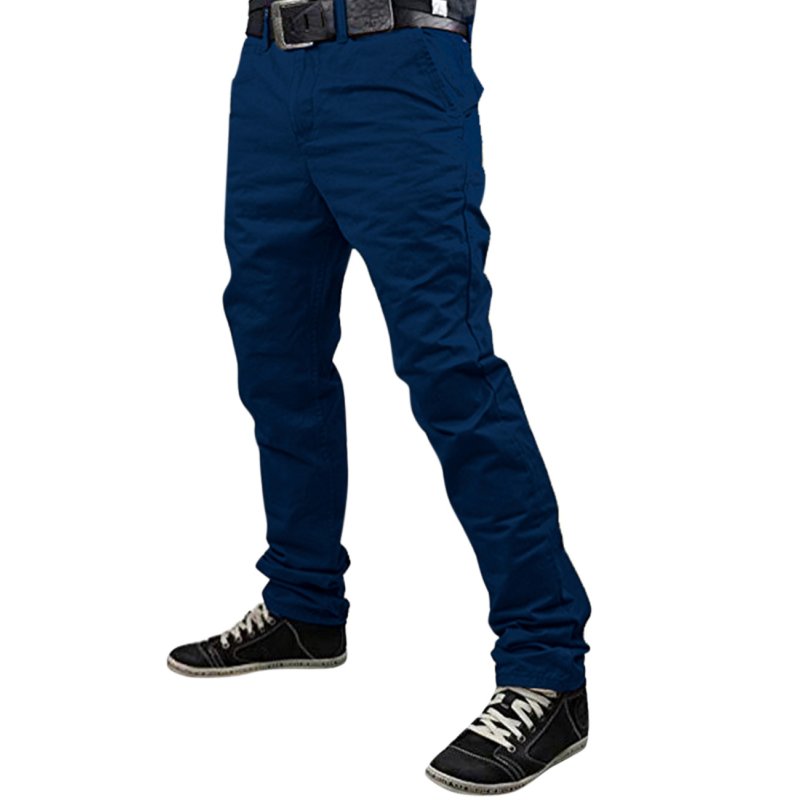Fashionable Men Solid Color Trousers Business Straight-leg Pants Casual Cotton Pants Navy Blue_3XL