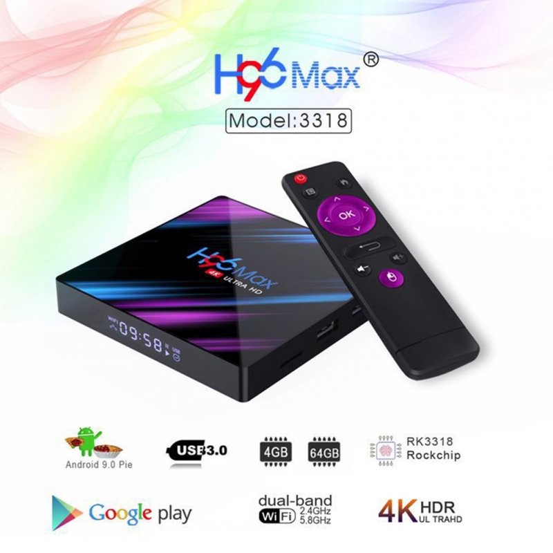 H96 Max RK3318 Android 9.0 Smart Network Set Top Box 4K HD Player LED TV Box 64GB with Remote Control 
