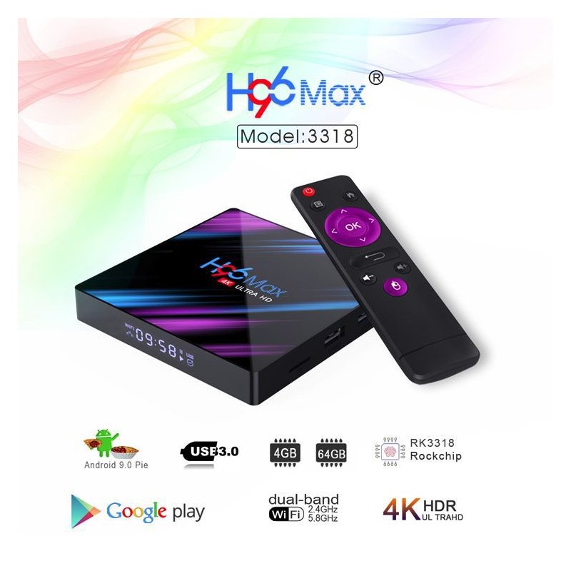 H96 Max RK3318 Android 9.0 Smart Network Set Top Box 4K HD Player LED TV Box 64GB with Remote Control 