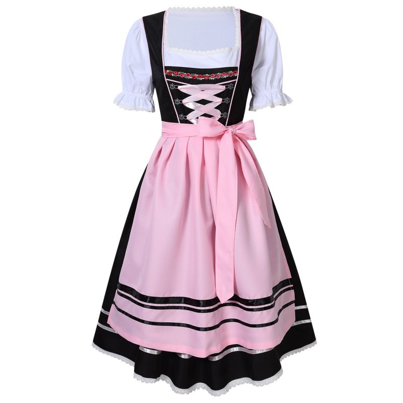 Female Bavarian Traditional Dirndl Dress Fastening Ties for Beer Festival  Pink/black_S