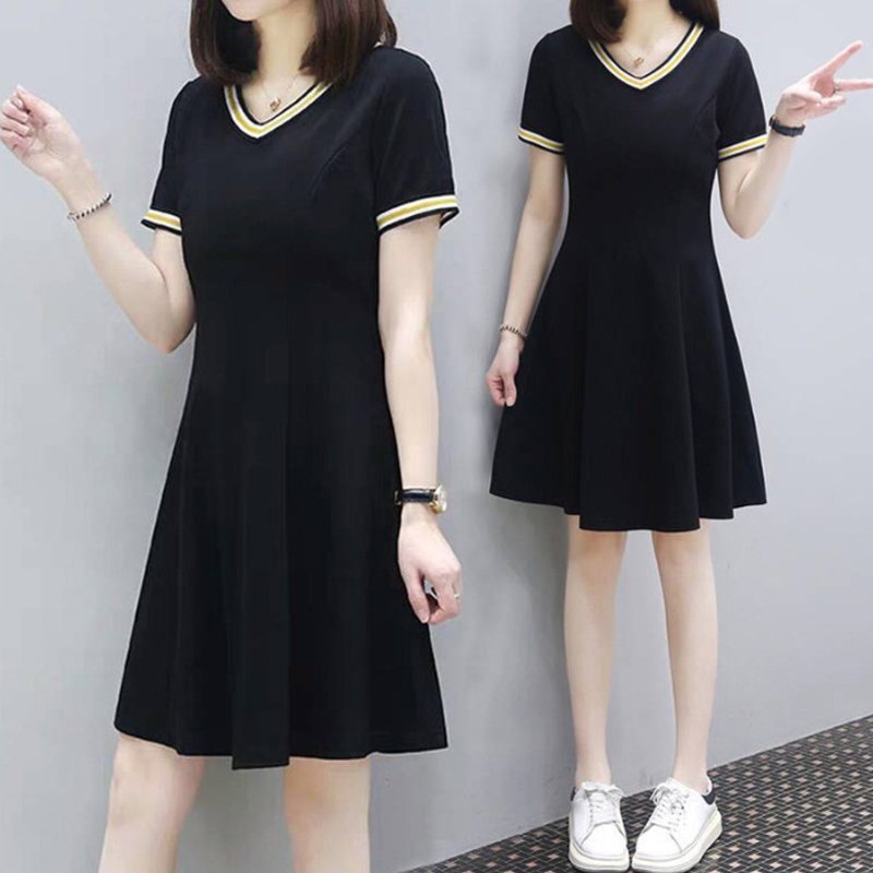 Female Chic Summer Pure Color Loose Short Sleeves Mid-length Dress black_3XL