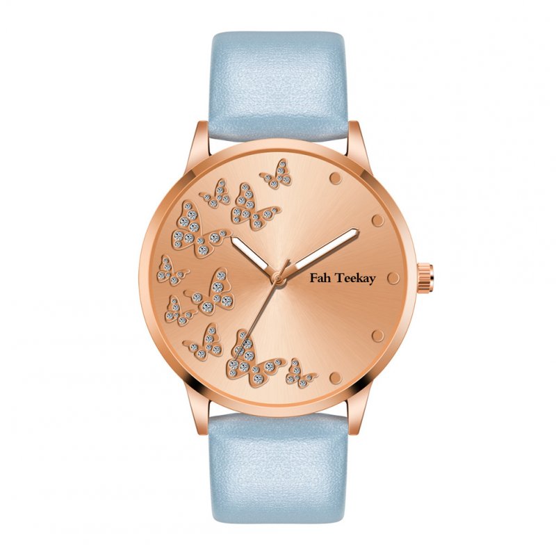 Female Fashion Wrist Watch Inlaid Butterfly Diamond Alloy Wristband Wrist Watch  Light blue