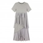 Female Irregular Dress Gauze Short Sleeve Sweet Medium Long Fringed Dress  gray 3XL