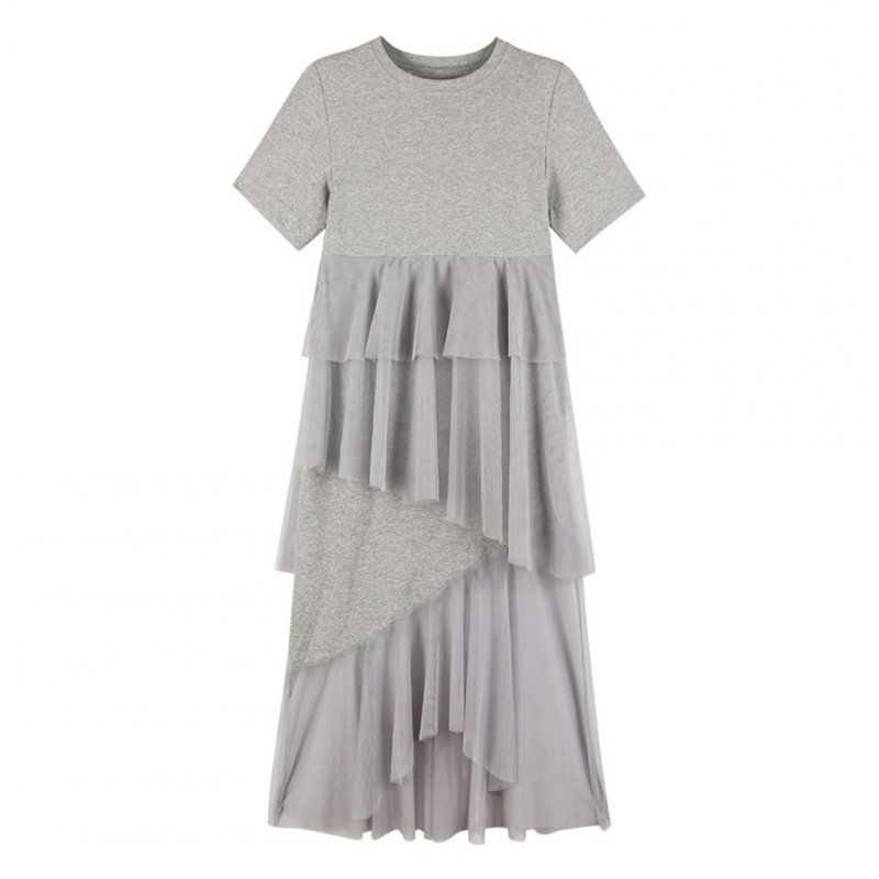 Female Irregular Dress Gauze Short Sleeve Sweet Medium Long Fringed Dress  gray_3XL