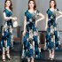 Female Summer Waisted Floral Pattern Short sleeve Printing Dress  Blue flower 2XL