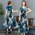 Female Summer Waisted Floral Pattern Short sleeve Printing Dress  Blue flower L