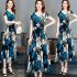 Female Summer Waisted Floral Pattern Short sleeve Printing Dress  Blue flower L