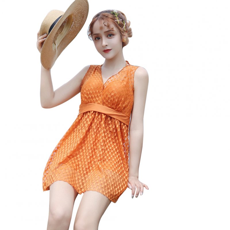 Female  Swimsuit  Skirt-style One-piece Sexy Lace Skirt Conservative Fresh Swimsuit Orange_M