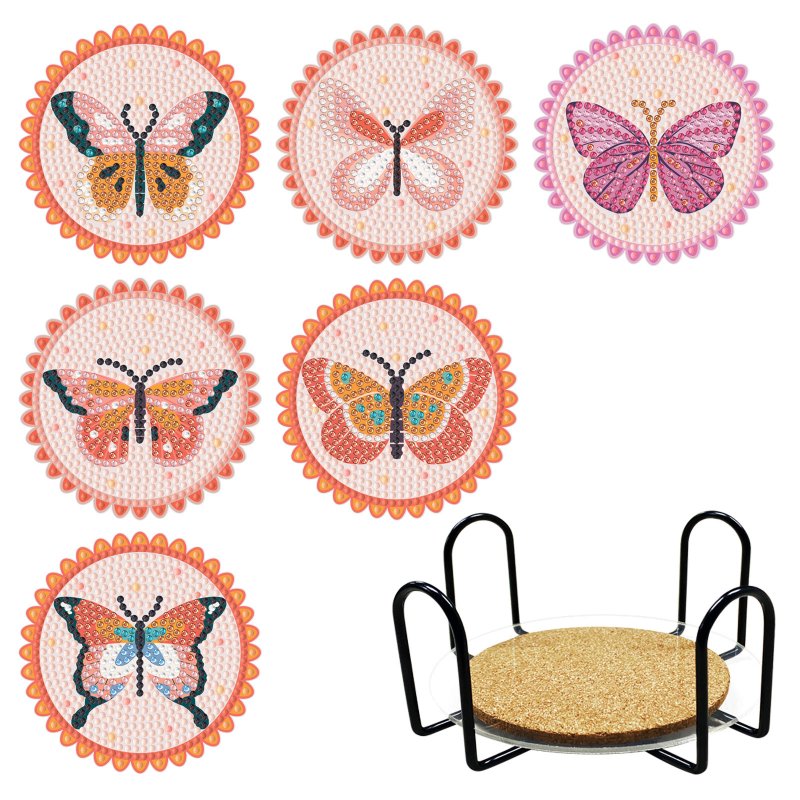 6pcs Diy Round Butterfly Diamond Painting Coasters Kits With Holder Cork Base Diamond Painting Art Coaster 