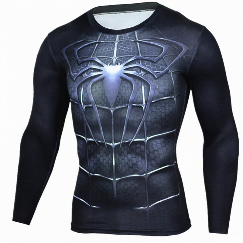 Fitness Compression Shirt Men Anime Printing Bodybuilding Long Sleeve Crossfit 3D Superman Punisher T Shirt  black spider_L