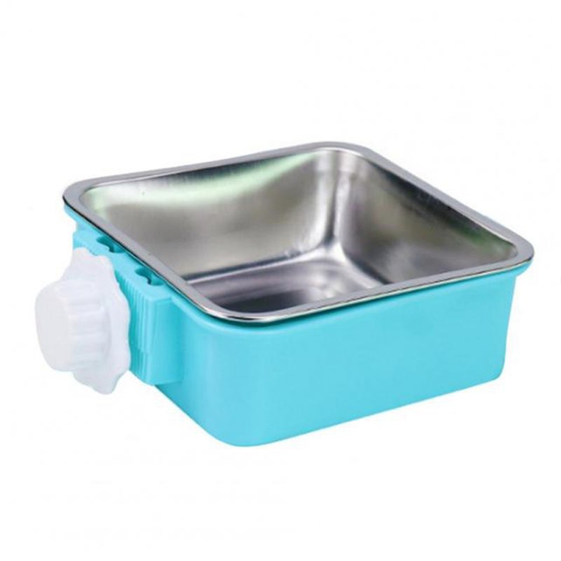 Fixed Hanging Pet Feeder Stainless Steel Dog Bowl Cage Drinking Water Feeder blue_Small box