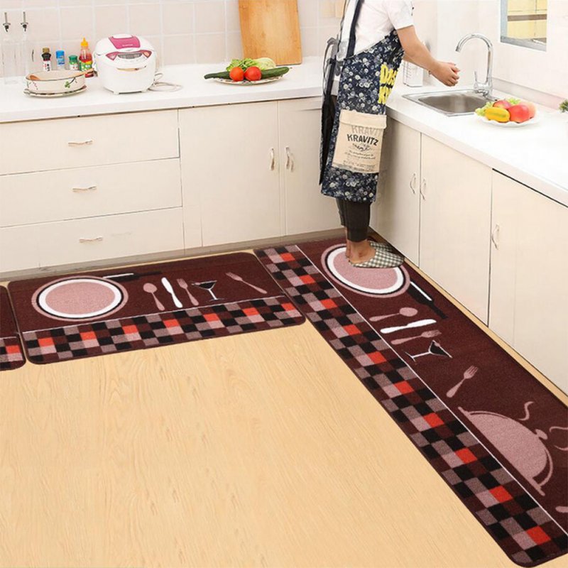 Floor Mat Simple Printing Kitchen Carpet House Doormat Anti-Slip Absorbent Rug for Kitchen Living Room  Plate fork brown bottom_50X80cm