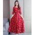 Floral Printed Dress of Middle Sleeves and Round Neck Woman Waist tight Leisure Dress Yellow M