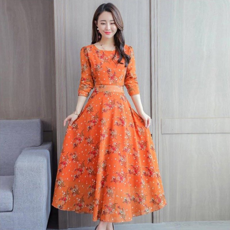 Floral Printed Dress of Middle Sleeves and Round Neck Woman Waist-tight Leisure Dress Yellow_M
