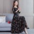 Floral Printed Dress of Middle Sleeves and Round Neck Woman Waist tight Leisure Dress Red M