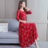 Floral Printed Dress of Middle Sleeves and Round Neck Woman Waist tight Leisure Dress Red M