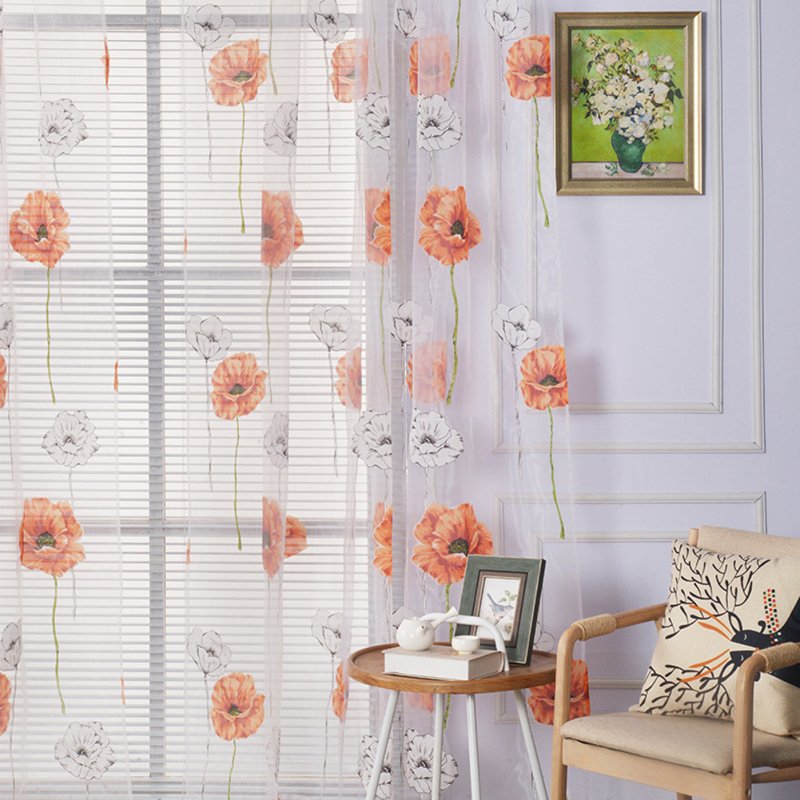 Flower Printing Shading Window Curtains for Modern Living Room Balcony Kitchen Decor Orange_1m wide x 2m high
