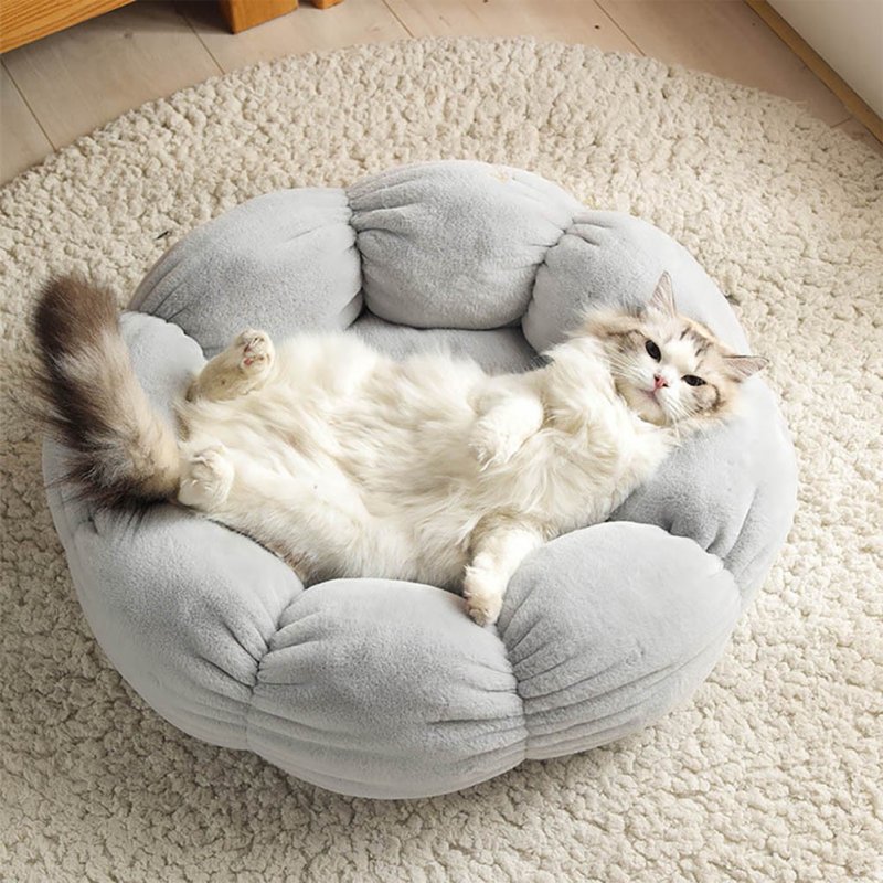 Flower Shape Cat Bed Short Plush Soft Cat House Winter Pet Dog Cushion Mats Nest gray_ 40cm