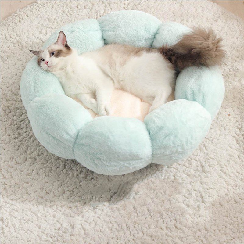Flower Shape Cat Bed Short Plush Soft Cat House Winter Pet Dog Cushion Mats Nest Light green + light pink_ 40cm