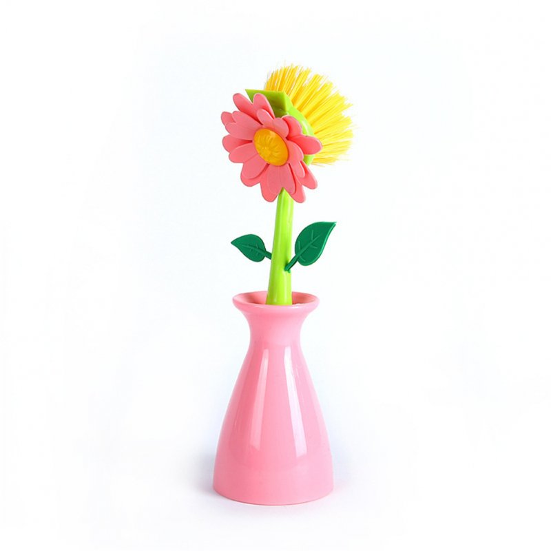 Flower Shape Pot  Washing  Brush With Long Handle Kitchen Cleaning Accessories Pink