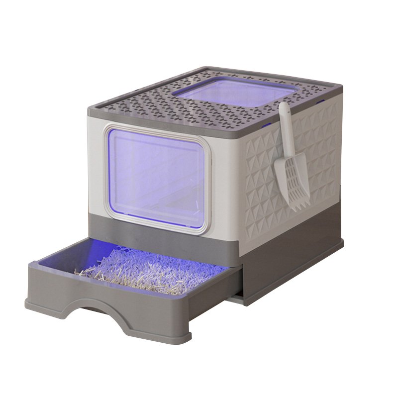 Foldable Cat Litter Box With Lid, Drawer Type Enclosed Cat Toilet, UV Lamp Irradiation, Front Entry, Top Exit, Anti-Splashing Cat Potty, Including Scoop, Cat Supplies gray