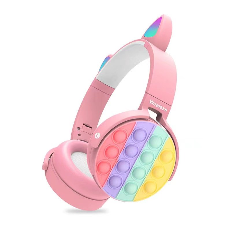 Foldable Children Cartoon Bluetooth-compatible  Earphones Colorful Cat Ear Glowing 400 mA Large-capacity Battery Gaming Headset pink