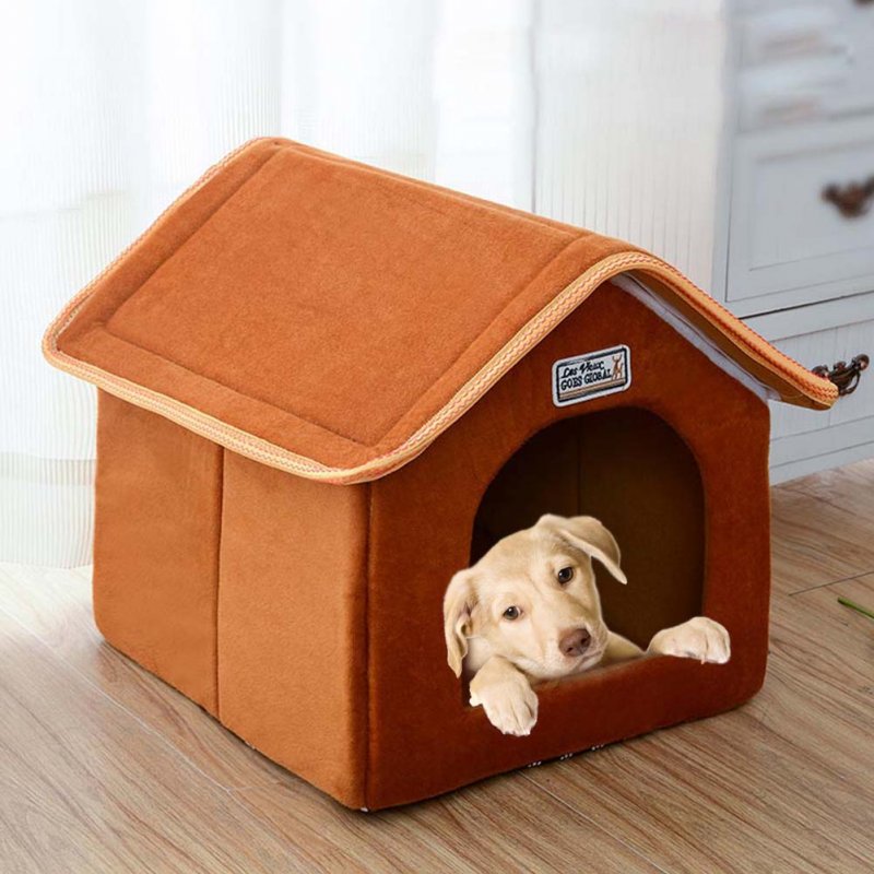 Foldable House Shape Pet Nest with Mat for Small Dog Teddy Poodle Puppy Cats brown_L