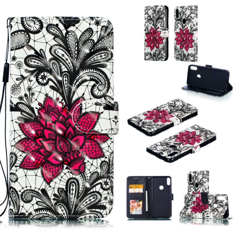For ASUS ZENFONE MAX Pro M1/ZB601KL/ZB602KL 3D Coloured Painted PU Magnetic Clasp Phone Case with Card Slots Bracket Lanyard Lace flower