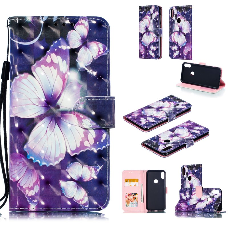 For ASUS ZENFONE MAX Pro M1/ZB601KL/ZB602KL 3D Coloured Painted PU Magnetic Clasp Phone Case with Card Slots Bracket Lanyard Big purple butterfly