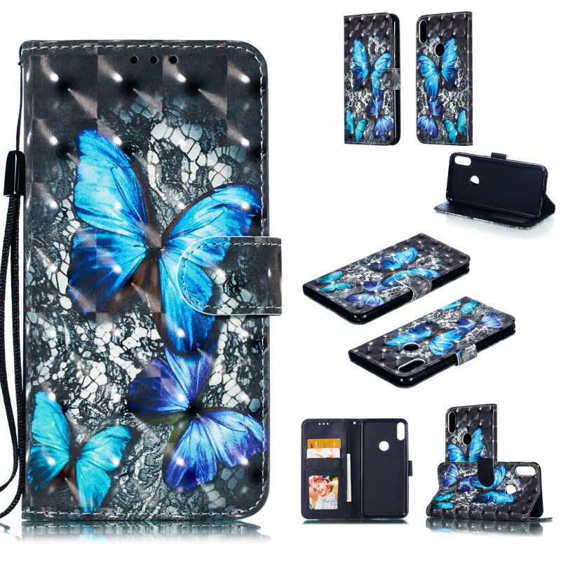 For ASUS ZENFONE MAX Pro M1/ZB601KL/ZB602KL 3D Coloured Painted PU Magnetic Clasp Phone Case with Card Slots Bracket Lanyard Blue diamond butterfly