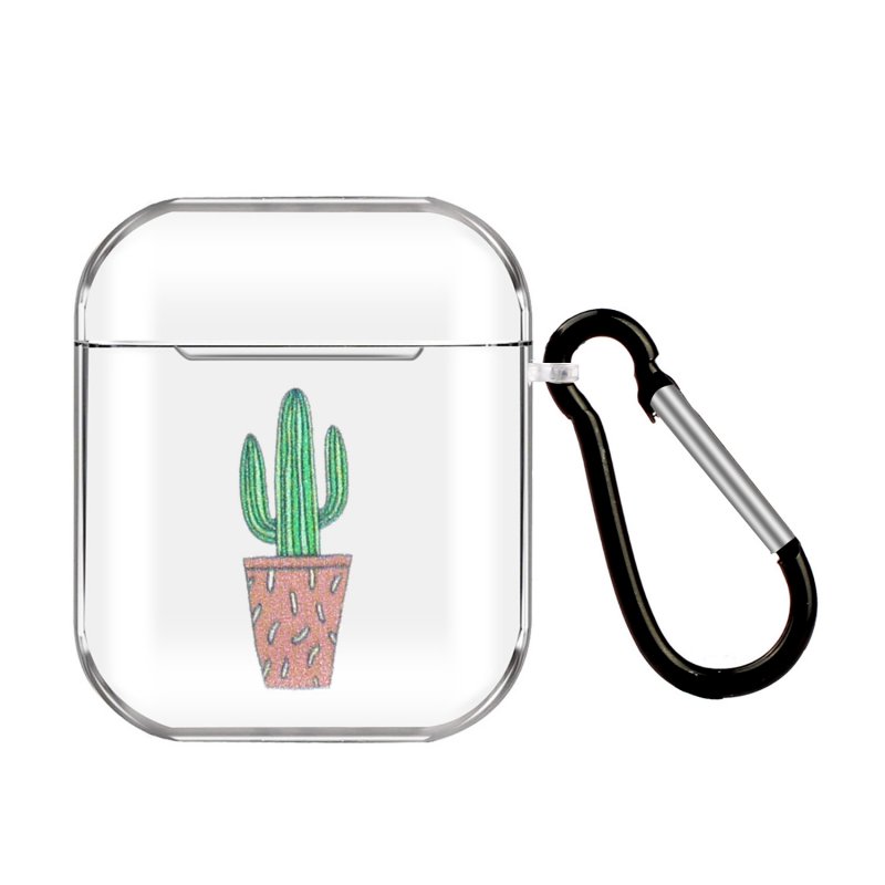 For AirPods 1/2 Headphones Case Portable Clear Cute Earphone Shell with Metal Hook Overall Protection 8 cactus