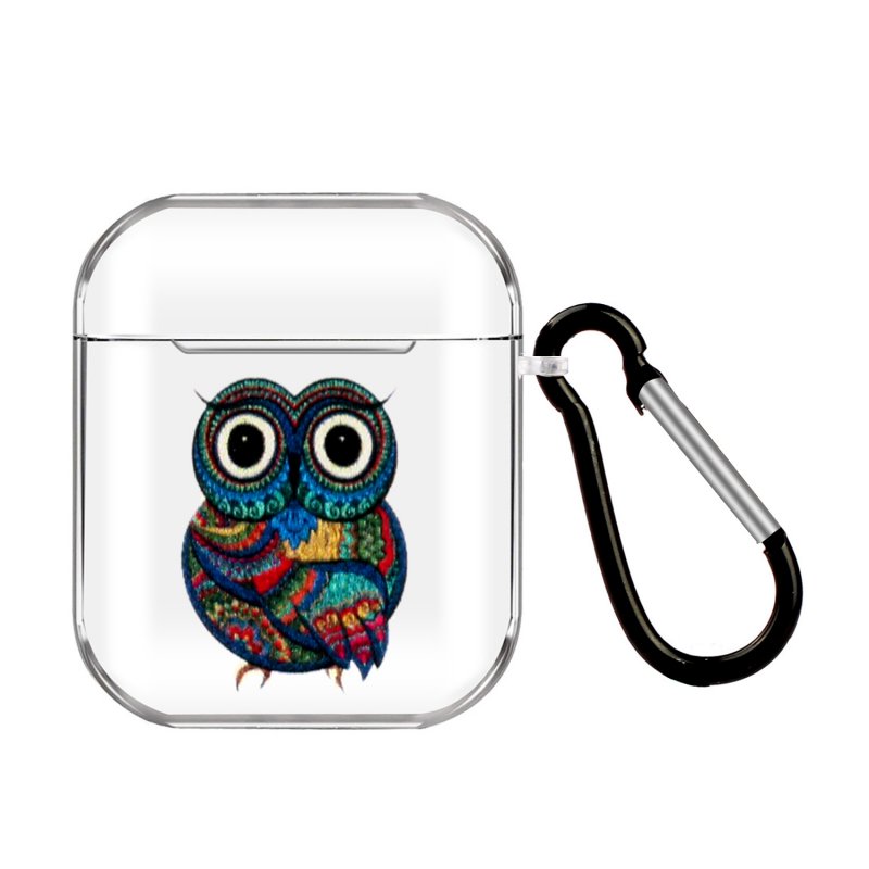 For AirPods 1/2 Headphones Case Portable Clear Cute Earphone Shell with Metal Hook Overall Protection 9 Owl
