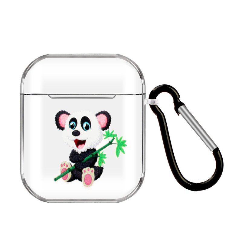 For AirPods 1/2 Headphones Case Portable Clear Cute Earphone Shell with Metal Hook Overall Protection 10 Panda