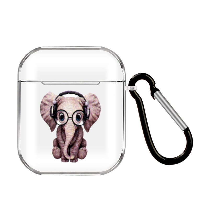 For AirPods 1/2 Headphones Case Cartoon Transparent Earphone Shell with Metal Hook Full Protection 1 Music Elephant
