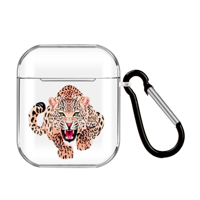 For AirPods 1/2 Headphones Case Transparent Earphone Shell with Metal Hook Overall Protection Cover 16 tigers