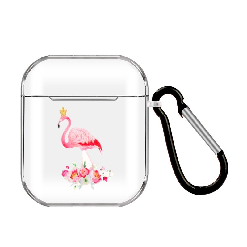 For AirPods 1/2 Headphones Case Full Protection Clear Cute Earphone Shell with Metal Hook 14 Flamingo