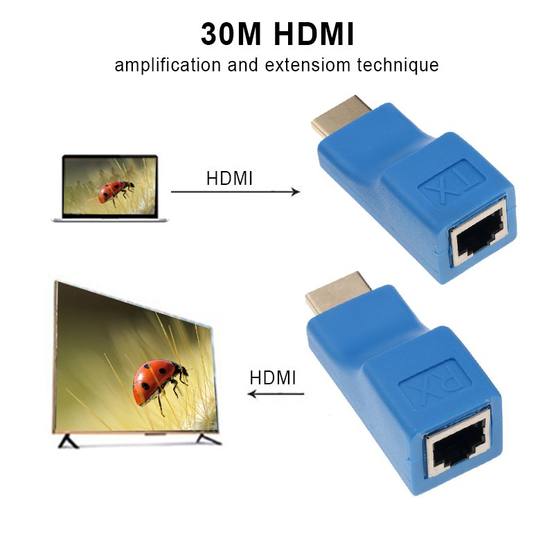 For HDMI Extender 4k RJ45 Ports LAN Network Extension Up To 30m Over CAT5e / 6 UTP LAN Ethernet Cable for HDTV HDPC blue