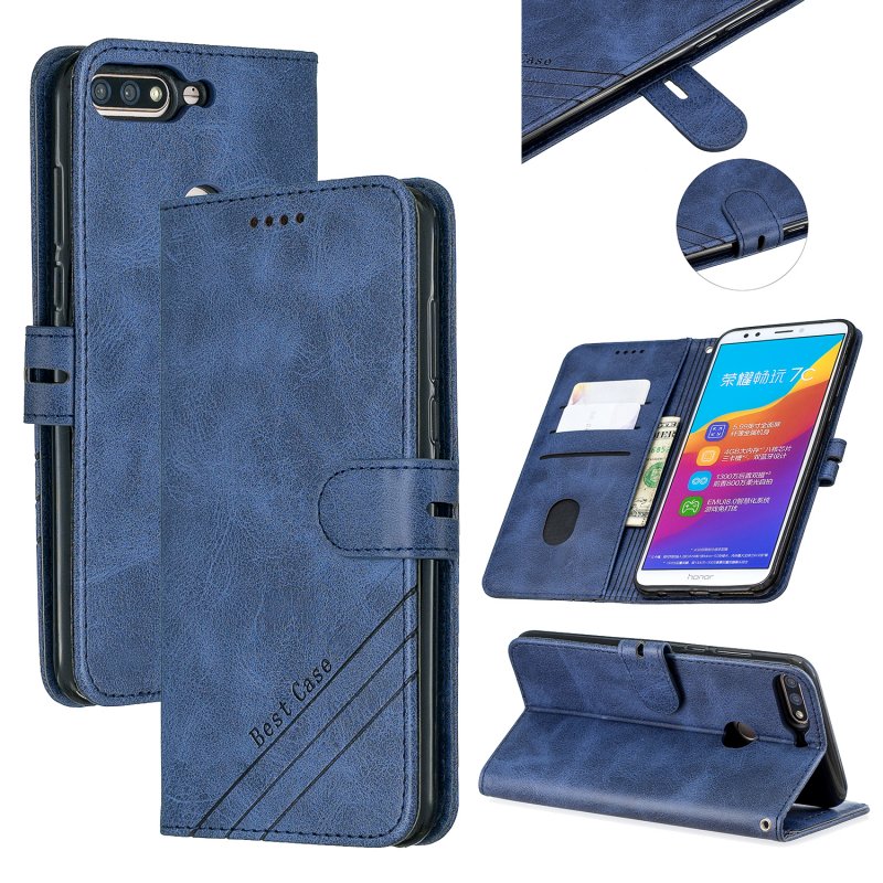 For HUAWEI Honor 7C-Enjoy 8-Y7 2018-Y7 Pro 2018 Denim Pattern Solid Color Flip Wallet PU Leather Protective Phone Case with Buckle & Bracket blue