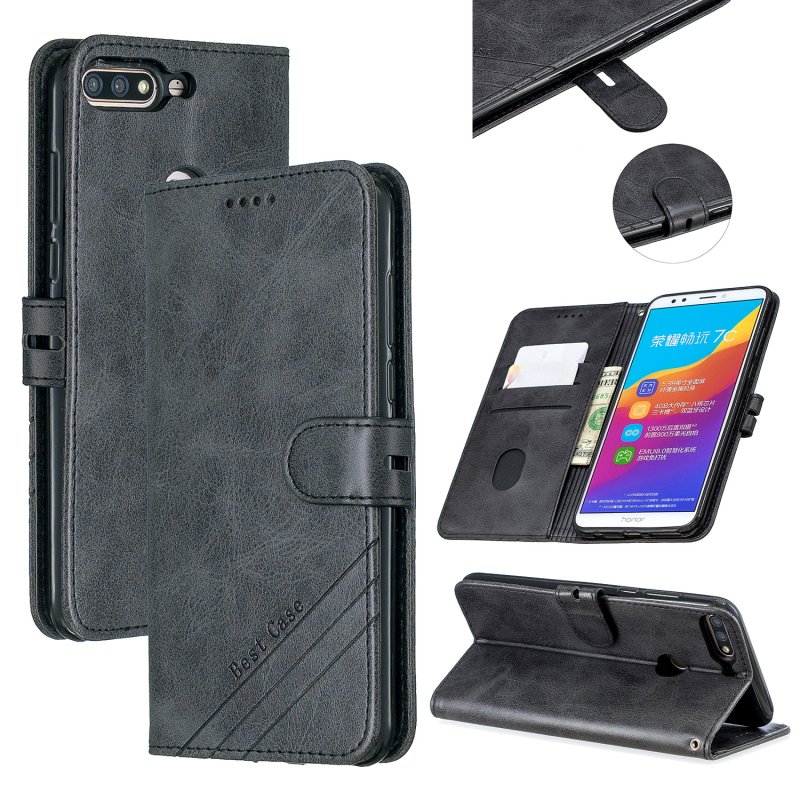 For HUAWEI Honor 7C-Enjoy 8-Y7 2018-Y7 Pro 2018 Denim Pattern Solid Color Flip Wallet PU Leather Protective Phone Case with Buckle & Bracket black