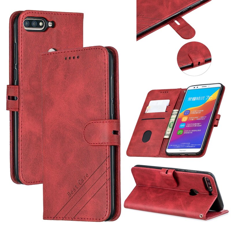 For HUAWEI Honor 7C-Enjoy 8-Y7 2018-Y7 Pro 2018 Denim Pattern Solid Color Flip Wallet PU Leather Protective Phone Case with Buckle & Bracket red
