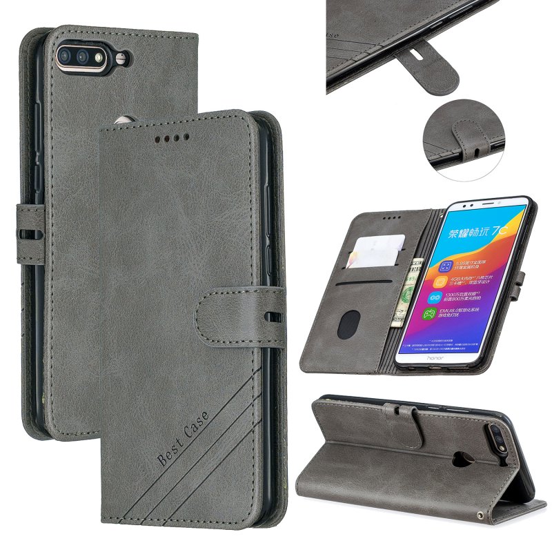 For HUAWEI Honor 7C-Enjoy 8-Y7 2018-Y7 Pro 2018 Denim Pattern Solid Color Flip Wallet PU Leather Protective Phone Case with Buckle & Bracket gray