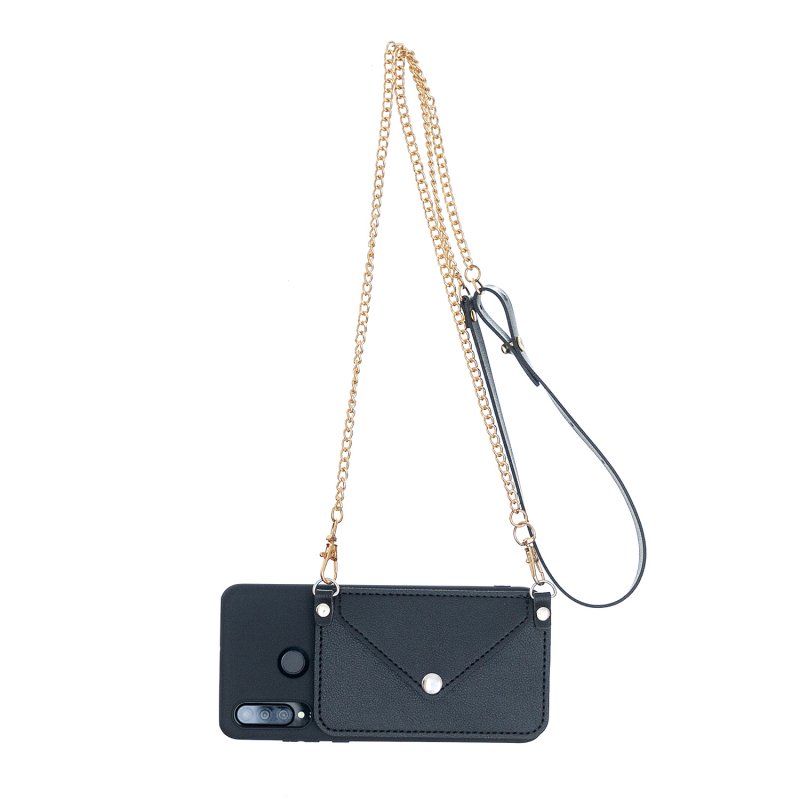 For HUAWEI P30/P30 Lite/P30 Pro Mobile Phone Cover with Pu Leather Card Holder + Hand Rope + Straddle Rope black