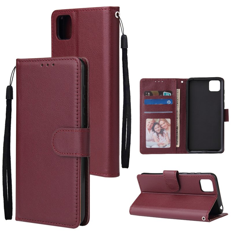 For HUAWEI PSmart 2020/Y5P/Y6P PU Leather Mobile Phone Cover with 3 Cards Slots Phone Frame Red wine