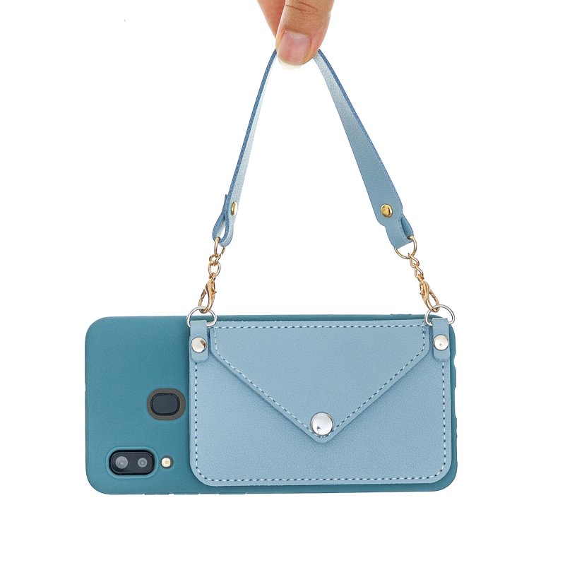 For HUAWEI Y5 2018/2019/Y6 2019/Y7 2019/PSMART Z/Y9 2019 Mobile Phone Cover with Pu Card Holder + Hand Rope + Straddle Rope blue