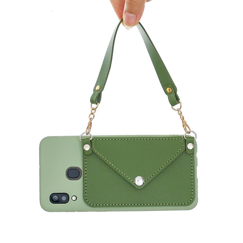 For HUAWEI Y5 2018/2019/Y6 2019/Y7 2019/PSMART Z/Y9 2019 Mobile Phone Cover with Pu Card Holder + Hand Rope + Straddle Rope green