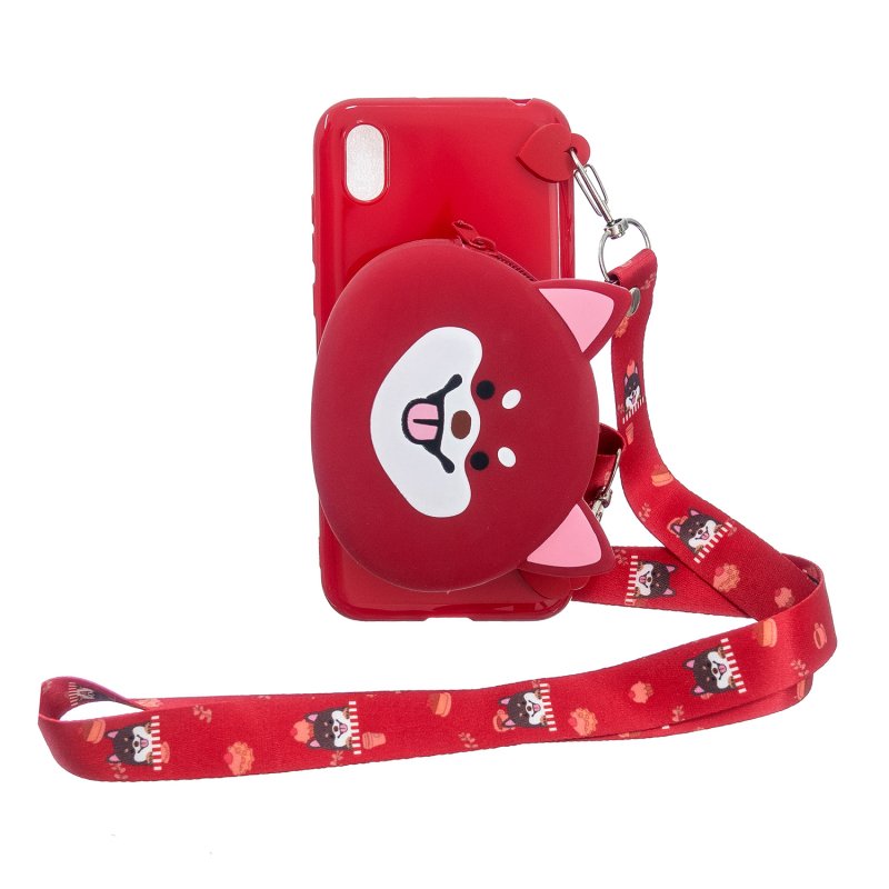 For HUAWEI Y5 2018/Y5 2019 Cellphone Case Mobile Phone Shell Shockproof TPU Cover with Cartoon Cat Pig Panda Coin Purse Lovely Shoulder Starp  Red