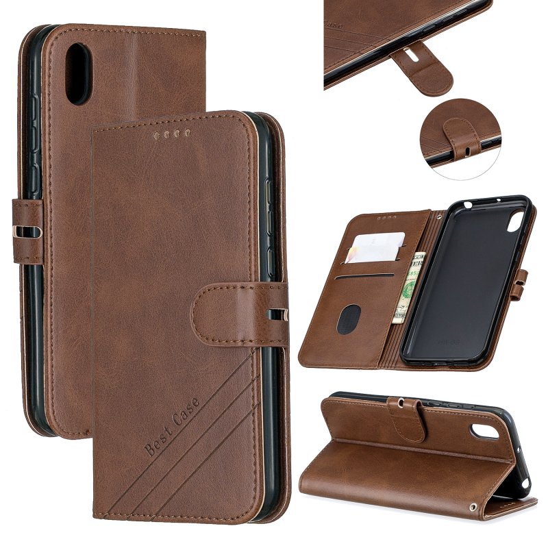 For HUAWEI Y5 2019 Denim Pattern Solid Color Flip Wallet PU Leather Protective Phone Case with Buckle & Bracket brown
