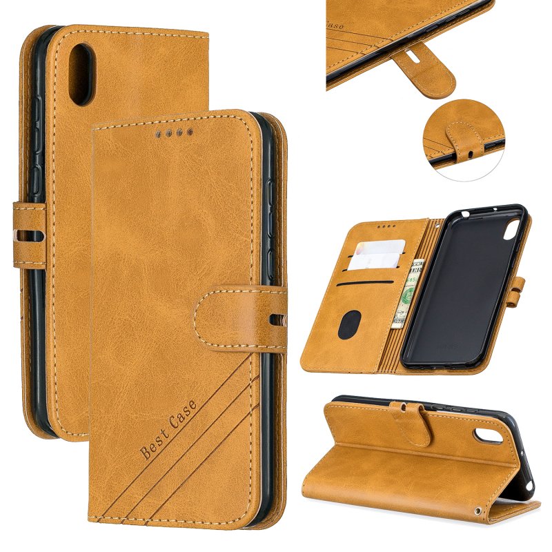 For HUAWEI Y5 2019 Denim Pattern Solid Color Flip Wallet PU Leather Protective Phone Case with Buckle & Bracket yellow