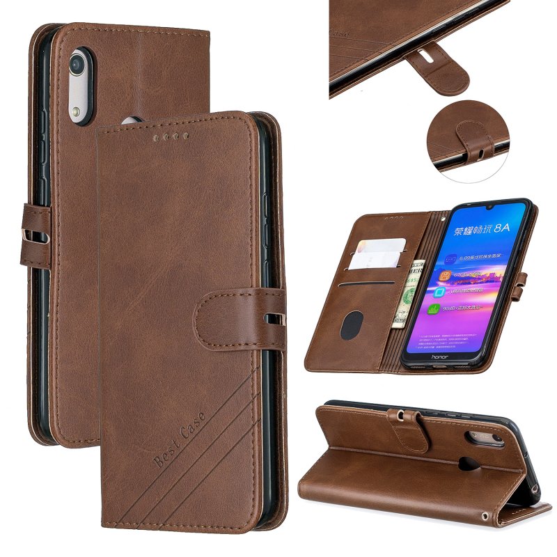 For HUAWEI Y6 2019 Denim Pattern Solid Color Flip Wallet PU Leather Protective Phone Case with Buckle & Bracket brown
